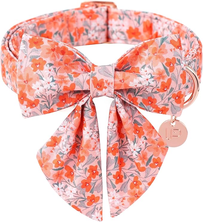 Orange Flower Bowtie Dog Collar - Summer Collar for Puppy Boy Girl, Comfortable Cotton With Metal Buckle, XL
