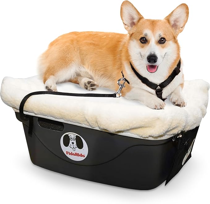 FidoRido Dog Car Seat - Pet Booster Seat for Small to Medium Dogs with Comfortable Cushions, Sherpa Cover, and Safety Straps, Easy to Install, Ideal for Travel, Beige Sherpa - Medium Harness