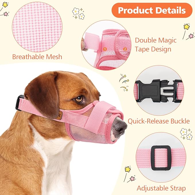 Coppthinktu Soft Dog Muzzle, Breathable Mesh Muzzle for Small Medium Large Sized Dog Mouth Cover, Adjustable Muzzles to Prevent Biting Barking Dogs Mouth Cover Allows Drinking (Pink M)