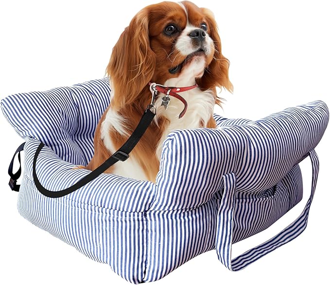Medium Dog Car Seat Up to 28lbs - Pet Travel Bed Booster with Storage, Safety Tether, Anti-Slip Bottom for Cars(Blue)