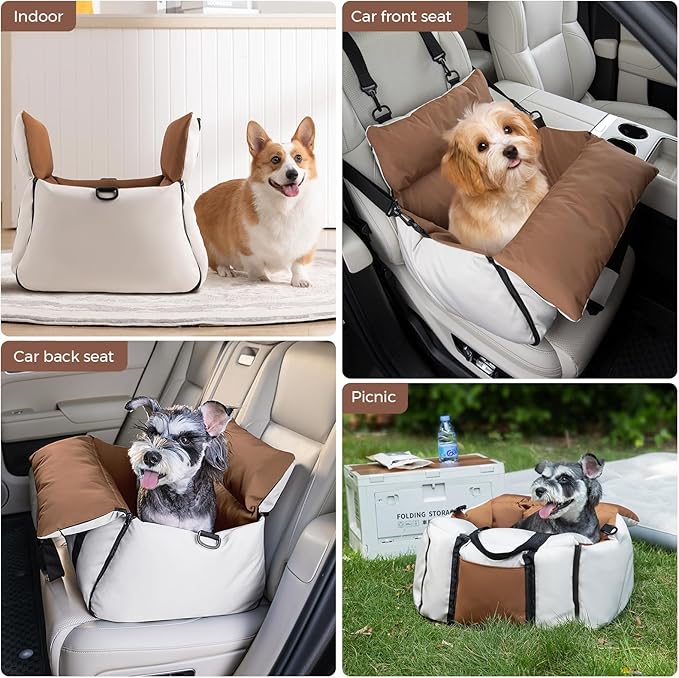 BEBAS Dog Car Seats for Small Dogs up to 25 lbs, Waterproof Dog Booster Carseat with Storage Pockets, Thickened Memory Foam & Clip-On Safety Leash, Pet Back Seat Puppy Travel Carrier, Beige