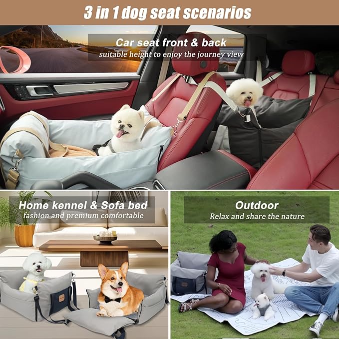 MILA&LOUIS Dog Car Seat 5 Side Waterproof, for Medium, Booster Seat with Safety Leash, Bed Cover with Storage Pockets, Small Pet Carrier Bed for Travel and Home