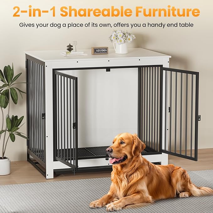 Dog Crate Furniture, 42 InchI ndoor Large Dog Kennel for Medium to Large Dogs Up to 70 LBS, Heavy Duty Wooden Pet Cage End Table with 3 Doors, Alloy Steel Frame & Removable Tray
