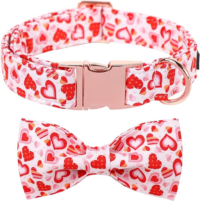 Maca Bates Valentine's Day Dog Collar with Fancy Bow for Extra Small Girl Boy Dogs,Love Pink Hearts Pattern,Adjustable Durable Soft Valentine Gift for Female Male Puppy
