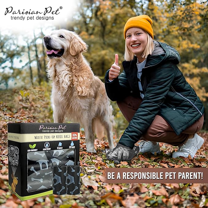 Parisian Pet Ecofriendly Dog Poop Bags Rolls - 320 Count Unscented Poop Bags for Dogs - Leakproof, Extra Thick, 16 Dog Waste Bags Refill Rolls - Printed Dog House Black Doggie Poop Bags