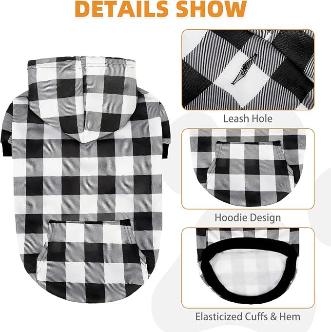 KOOLTAIL Plaid Dog Hoodie Pet Clothes Sweater with Hat and Pocket for Small Medium Large Size Dogs, Soft Winter Warm Dog Cold Weather Coat, Fleece Fall Dog Hooded Sweatshirt for Puppy Cats, White S