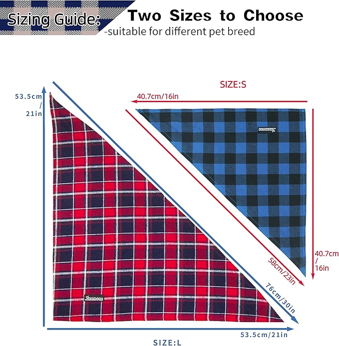 Adjustable Plaid Dog Bandanas,1PC Soft Washable Cotton Triangle Bib Kerchief Scarfs for Small Medium Large Dogs and Cats (Red&Blue, Large)
