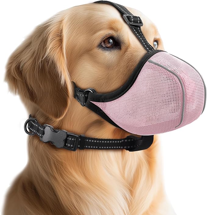 Dog Muzzle - Soft Breathable Mesh Nylon Adjustable Muzzle for Small Medium Large Dogs Prevents Chewing,Biting & Scavenging | Allows Panting, Drinking & Grooming | Secure Collar Strap Design(Pink XXL)