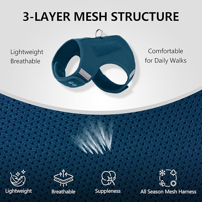 Dog Harness for Puppy – Adjustable Reflective Easy Put On Soft Mesh Vest for Small Dogs with 2 Patches (Prussian Blue,S)