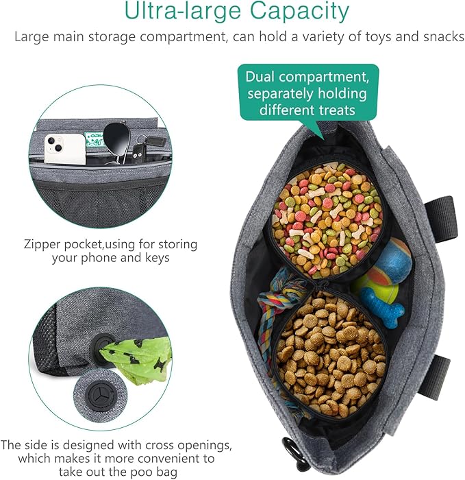 ORIA Dog Treat Training Pouch, Pet Out Training Belt Bag, Dog Food Bag with Removable Inner Pocket, Built-in Poop Bag Dispenser, Dog Training Bag, Gray