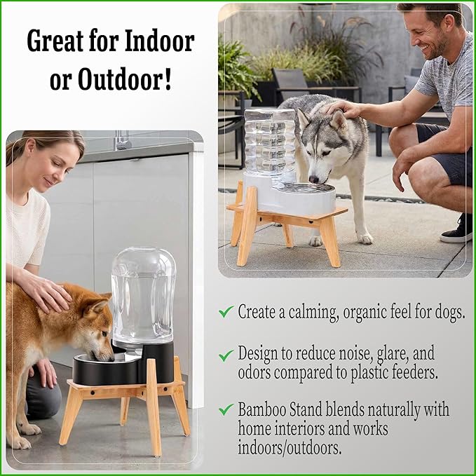Dog Water/Food Dispenser Stand for Large Dogs - Use to Raise Dog Water and Food Bowl Feeder Dispensers - Adaptable Size Fits Various Sizes and Shapes - Slanted Feet Resist Tip-Over - Bamboo