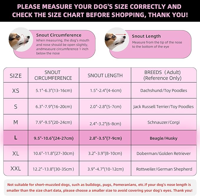 Dog Muzzle, Breathable Soft for Medium to Large Dogs to Anti & Prevent Barking Biting Chewing, Reflective & Adjustable Basket Muzzle with Air Mesh for Beagle Pink L