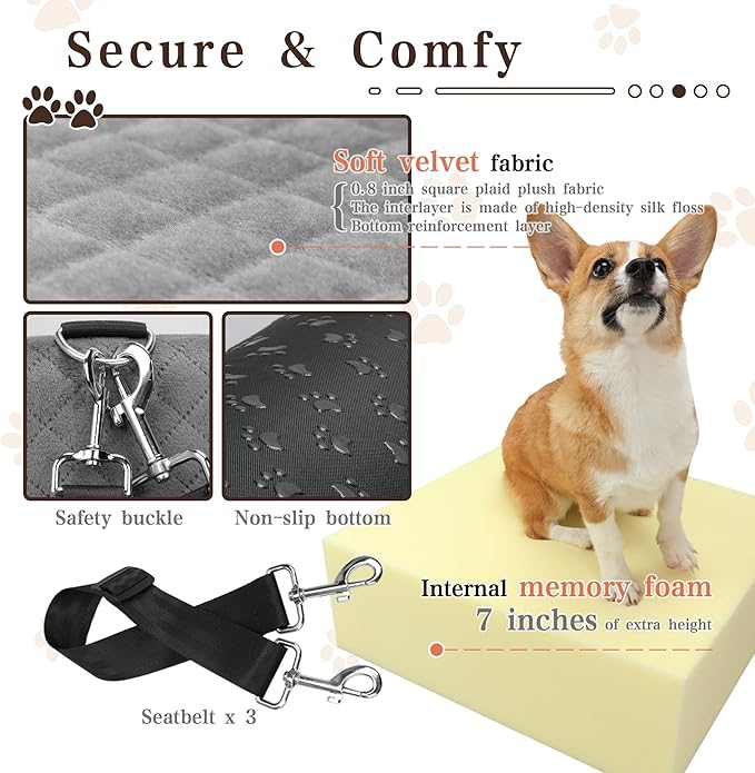 Dog Booster Car Seat with 7 Inches of Interior Height,Elevated Pet Car Seats for Small/Medium Sized Dogs,Puppy Portable Carseat,Washable Removable Cover Travel Safety Seat,Easy to Use(H-Grey)