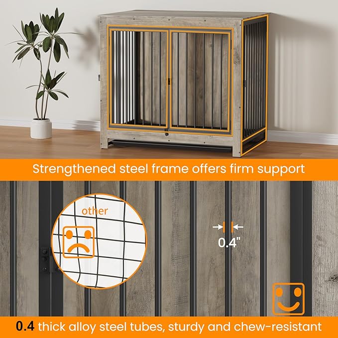 Dog Crate Furniture, 42 InchI ndoor Large Dog Kennel for Medium to Large Dogs Up to 70 LBS, Heavy Duty Wooden Pet Cage End Table with 3 Doors, Alloy Steel Frame & Removable Tray