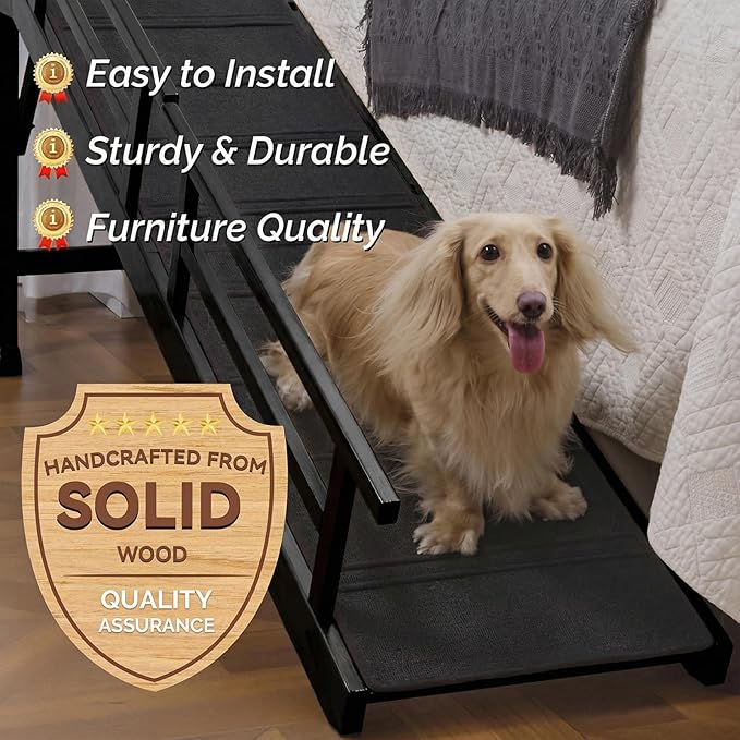 Dog Ramp for Bed or Couch, Wooden Pet Ramp with 20° Gentle Slope, Removable Side Rails, Non-Slip Surface, Top Platform & Wheels, Safe Bed Ramp for Small, Medium & Senior Dogs, 74" Long, Black
