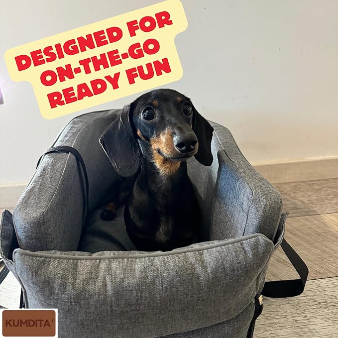 Kumdita' Center Console Dog Car Seat & Carrier for Small Dogs & Cats, 18.5 x 10.5 x 9.5 Inches, Sewn-in Leash (Gray)