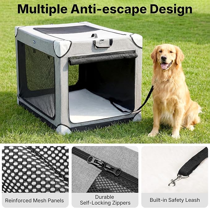 Veehoo Large Dog Crate for Indoor Outdoor, Portable Collapsible Travel Dogs Crate, 42 Inch Soft Foldable Pet Kennel with 4-Door Mesh Windows