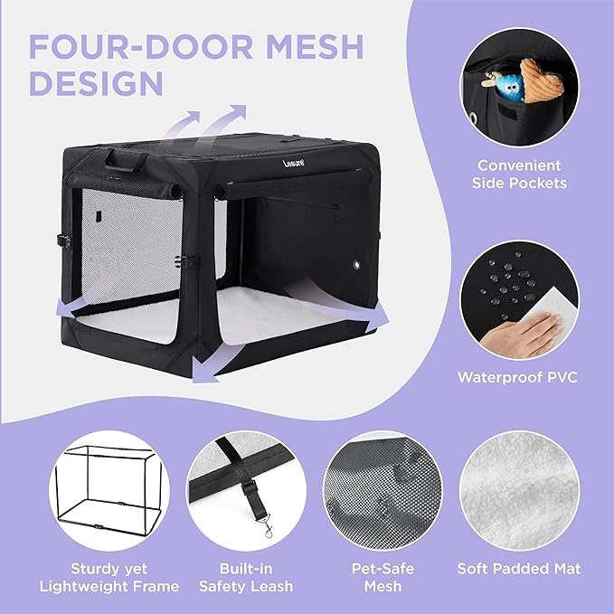 Lesure Collapsible Dog Crate - Portable Travel Kennel for Large Dog, 4-Door Pet Crate with Mesh Windows, Indoor & Outdoor, Black