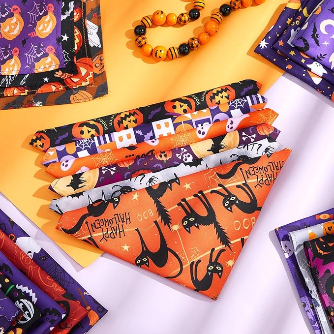 Reginary 72 Packs Halloween Dogs Bandanas Bulk Pet Scarf Pumpkins Bibs Adjustable Dog Bandana for Halloween Pet Costume