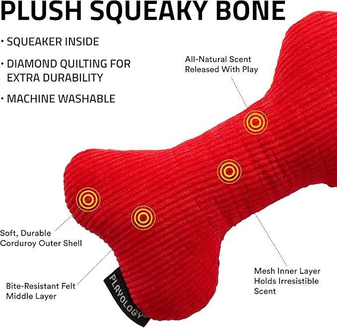 Playology Dog Toys | Plush Squeaky Bone Chew Toy for Dogs | Medium Beef Scented Toy - Easy to Clean and Made from Non Toxic Materials