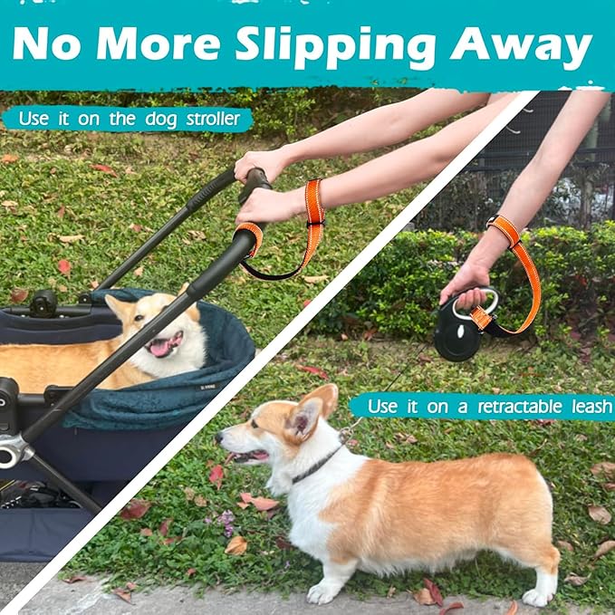PetBonus Dog Leash Wrist Strap, Safety Strap for Retractable Leash, Lockable Reflective Short Dog Walking Lead with Adjustable Soft Padded Handle, Extra Layer Security for Pet Stroller (Orange)