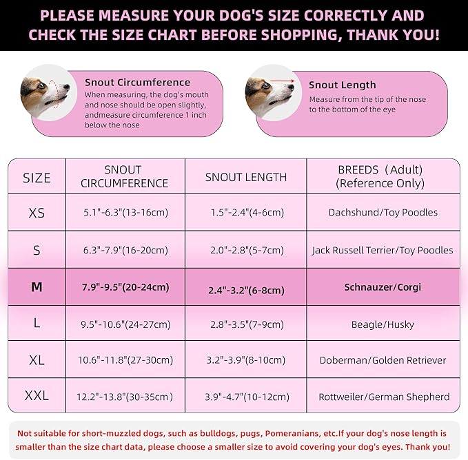 Pink Dog Muzzle, Breathable Soft for Small to Medium Dogs to Anti & Prevent Barking Biting Chewing, Reflective & Adjustable Basket Muzzle with Air Mesh for Schnauzer Pink M