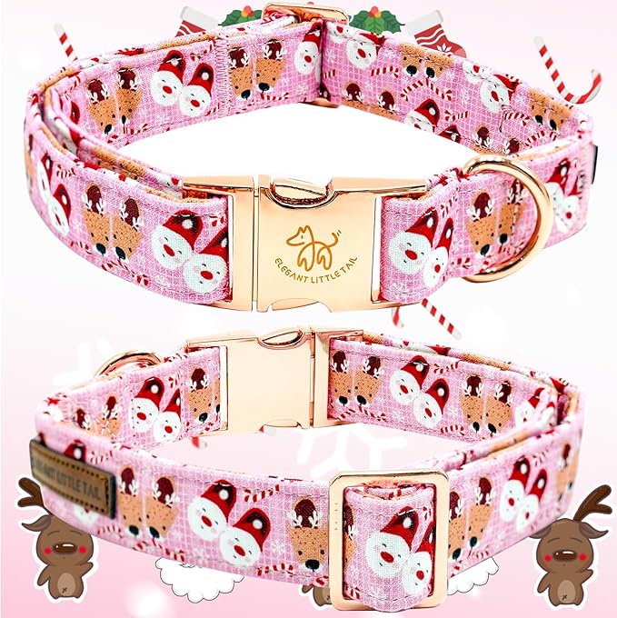 Elegant little tail Christmas Dog Collar, Pink Deer Print Pet Collar Dog Durable Cute Dog Collars Winter Holiday Male or Female Pet Gift Adjustable Dog Collar for Medium Dogs