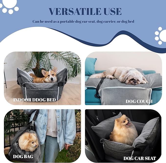 Daneey Dog Car Seat for Medium Dogs, Dog Booster Seat for Car, Fully Detachable Washable Dog Car Bed for Car Travel, Non-slip Safety Pet Car Seat with Seat Belt, Gray