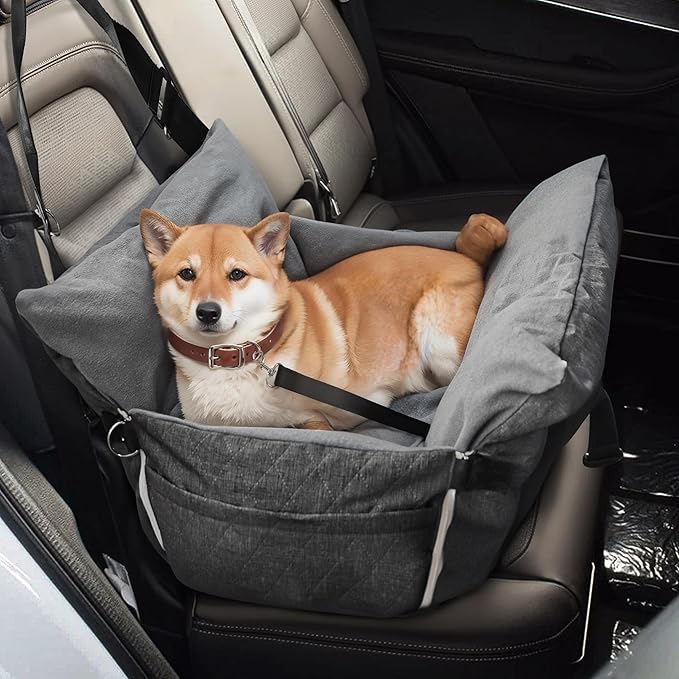 Daneey Dog Car Seat for Medium Dogs, Dog Booster Seat for Car, Fully Detachable Washable Dog Car Bed for Car Travel, Non-slip Safety Pet Car Seat with Seat Belt, Gray