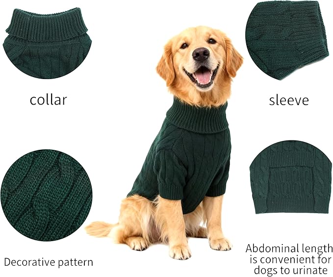 Small/Medium Dog Sweater, Warm Dog Winter Coat w/Sleeves, Comfortable High Neck Premium Dog Clothes for Golden Retriever-Best for Holidays, Daily Walks XXL Green