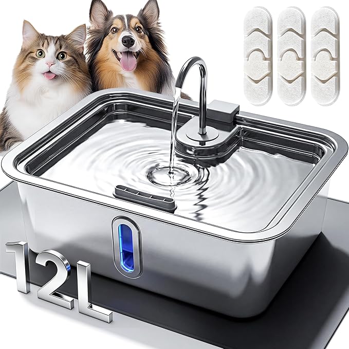 Pet Water Fountain Automatic Dog Dispenser 12L Capacity, Includes Spill Proof Mat, 3 Filters and Quiet Pump for Home Use