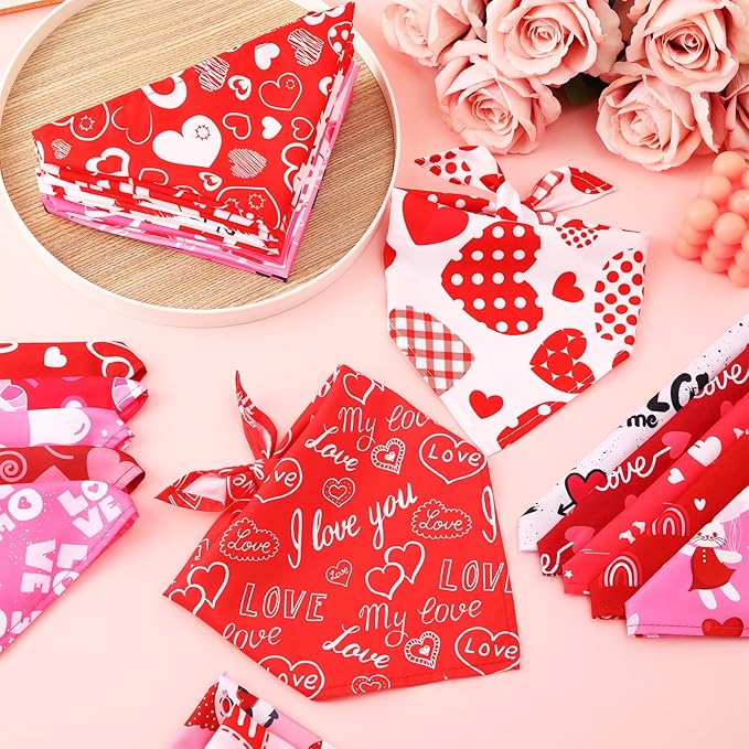 Retisee 100 Pieces Valentines Dog Bandanas Bulk Heart Puppy Bibs Triangle Dog Scarf Kerchief Set Pink Pet Bandanas for Valentines Day Pet Costume Accessories Decoration