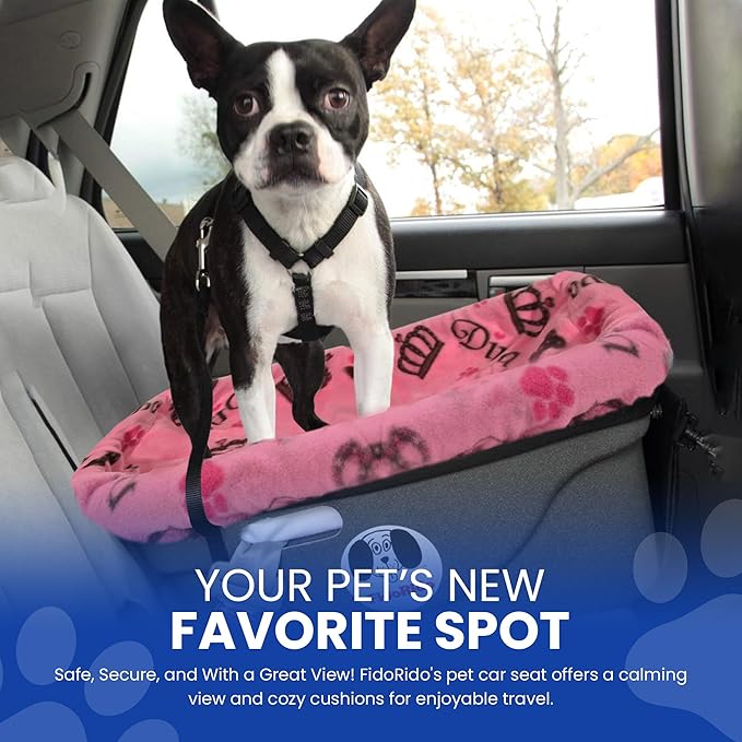 FidoRido Dog Car Seat - Pet Booster Seat for Small to Large Dogs with Comfortable Cushions, Sherpa Cover, and Safety Straps, Easy to Install, Ideal for Travel, Pink Diva - Small Harness