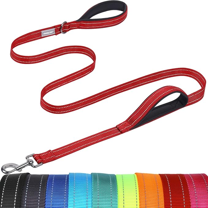 VIVAGLORY Twingrip Dog Leash, Double Handle Dog Leash for Training & Walking with Traffic Handle & 2 Loop, Traffic Control Reflective Heavy Duty for Puppy Pet, 5ft x 1in, Red