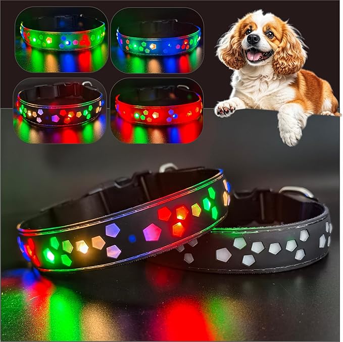 customerlized Personalized Dog Collar USB Rechargeable, Waterproof airtag Holder LED Light Up Dog Collar Adjustable Soft Silicone Collar for Medium Large Dogs (Black PRO, L(15.7-19.7"))