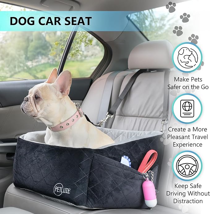 Dog Car Seat – Soft and Comfy Dog Booster Car Seat for Small, Medium Dogs Weighing Up to 30 lbs – Washable and Detachable Puppy Booster Seat with Strap and Pocket – Pet Travel Essential
