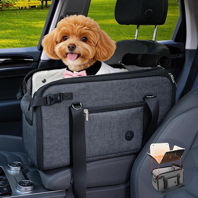 YUDODO 10-18lbs Large Console Dog Car Seat (Width＞9in) Fits Truck & SUV, Luxury Puppy Cat Travel Portable Booster Seat with Removable Velvet Cushion, Anti-Slip Pet Car Bed Carseat PU Leather Gray