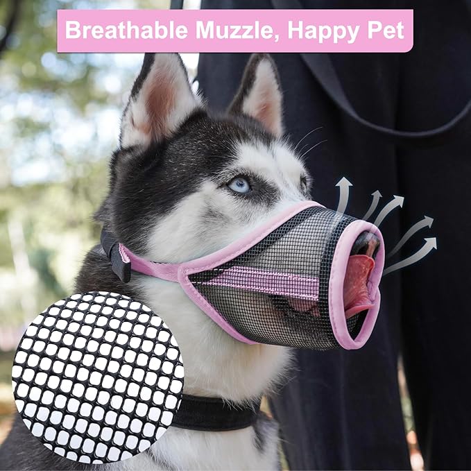 LUCKYPAW Dog Muzzle, Mesh Muzzle for Small Medium Dogs, Soft Mouth Cover to Prevent Biting Chewing, Drinkable Breathable Adjustable Puppy Mouth Guard(XS, Pink)