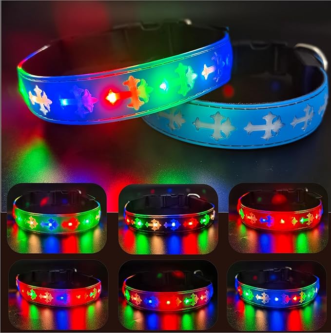 LED Dog Collar, USB Rechargeable, 15 Light Modes, Multi-Color Cross Pattern (Blue Pro, XL(19.7-23.6"))