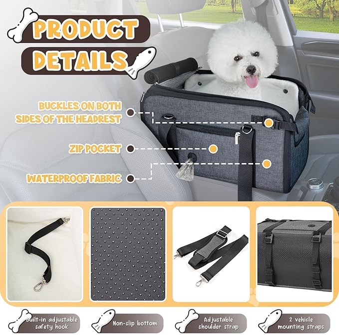 YUDODO 10-18lbs Large Console Dog Car Seat (Width＞9in) Fits Truck & SUV, Luxury Puppy Cat Travel Portable Booster Seat with Removable Velvet Cushion, Anti-Slip Pet Car Bed Carseat PU Leather Gray