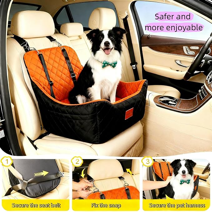 Dog Booster Car Seat for Medium Dogs up to 40lbs, Easy to Install, Fully Detachable and Washable, Anti-Slip Base, Snug Puppy Car Seat with 2 Clip-on Leashes, Black/Coffee, Medium