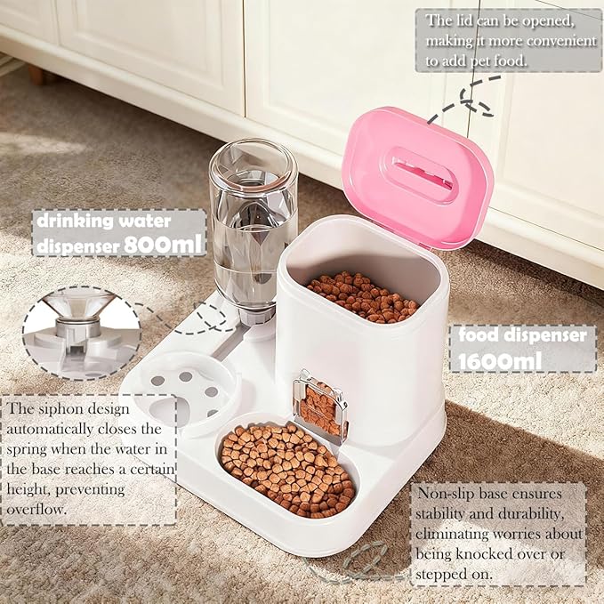 Gravity Pet Feeder and Water Dispenser Set, Cat Food Automatic Feeder and Automatic Dog Feeder and Water, Suitable for Small Pets Such as Cats and Dogs (Pink)