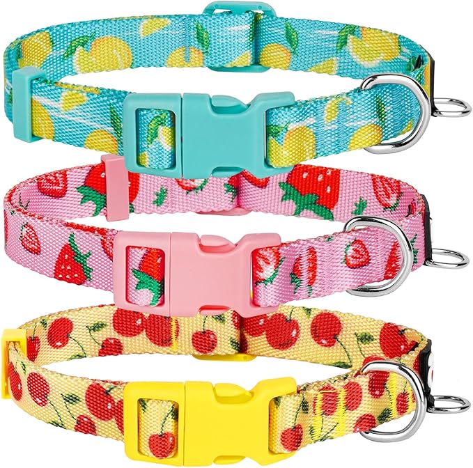 azuza 3 Pack Fruit Design Dog Collars Comfortable and Adjustable Nylon Dog Collars for Puppy Small Dogs, XS (8-12inch)，Strawberry，Lemon and Cherry