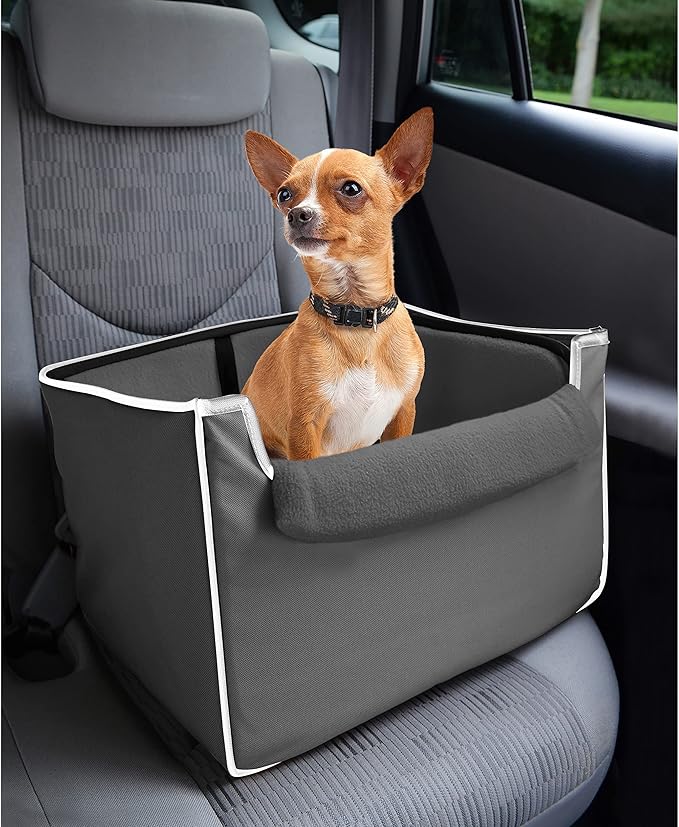 Collapsible Pet Booster Car Seat Box with Plush Fleece Cover, Cushion Insert and Foam Padded Panel - Foldable Carseat for Small Pet Dogs and Puppies Under 20 lbs, Grey