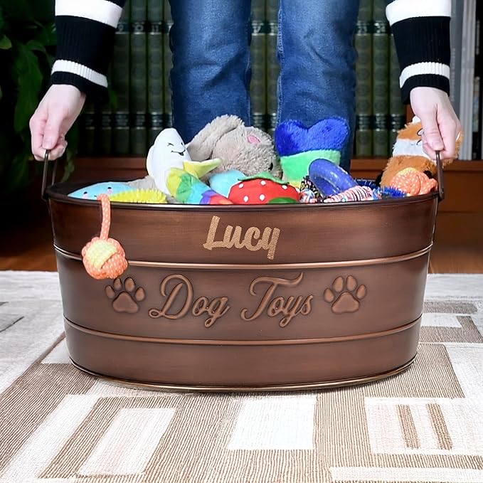 BREKX Personalized Metal Dog Toy Bin - Copper Galvanized Storage Bin with Handles, Basket for Pet Toys, Dog Toy Box, Pet Storage - Custom Dog Name Gift (Large)