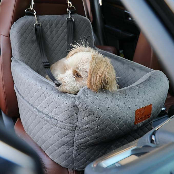Dog Car Seat for Small Medium Dogs,Portable Pet Booster Seat with Safety Strap & Removable Washable Pad,Memory Foam Dog Travel Bed for Car,SOFE Velvet for Puppies Cats（M-Grey）