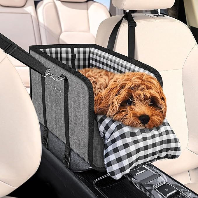 Center Console Dog Car Seat for Small Dogs Up to 11lbs Anti-Collapse Armrest Booster Seat with Headrest Stabilizing Straps Portable Pet Carrier Bag Travel Safety Kennel with Internal Tether (Black)