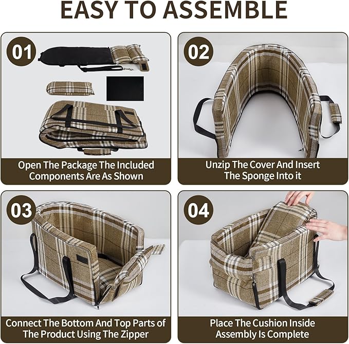 Dog Car Seat for Center Console, Portable Pet Carrier Bed with Built-in Leash & Magic Tape, Soft Puppy Car Booster for Small Dogs Up to 8Kg & Cats Up to 6Kg for Safe Travel