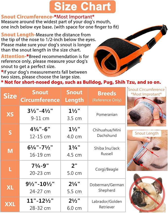 LUCKYPAW Dog Muzzle Anti Biting Barking and Chewing with Comfortable Mesh Soft Fabric and Adjustable Strap, Suitable for Small, Medium and Large Dogs(Orange,XS)