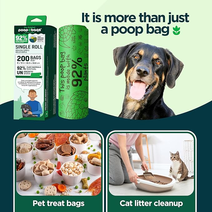 The Original Poop Bags® 92% Plant-Based Dog Waste Bags, USDA Certified Biobased, Extra-Large & Leak-Proof, Single Bulk Roll (200 Count (Pack of 1))